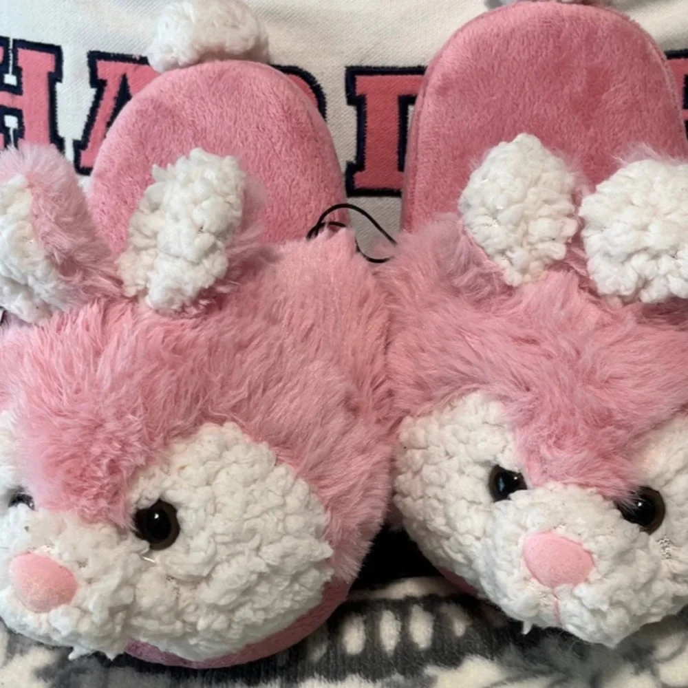 Pink Bunny Slippers Girls Plush House Shoes 11/12 New Comfy